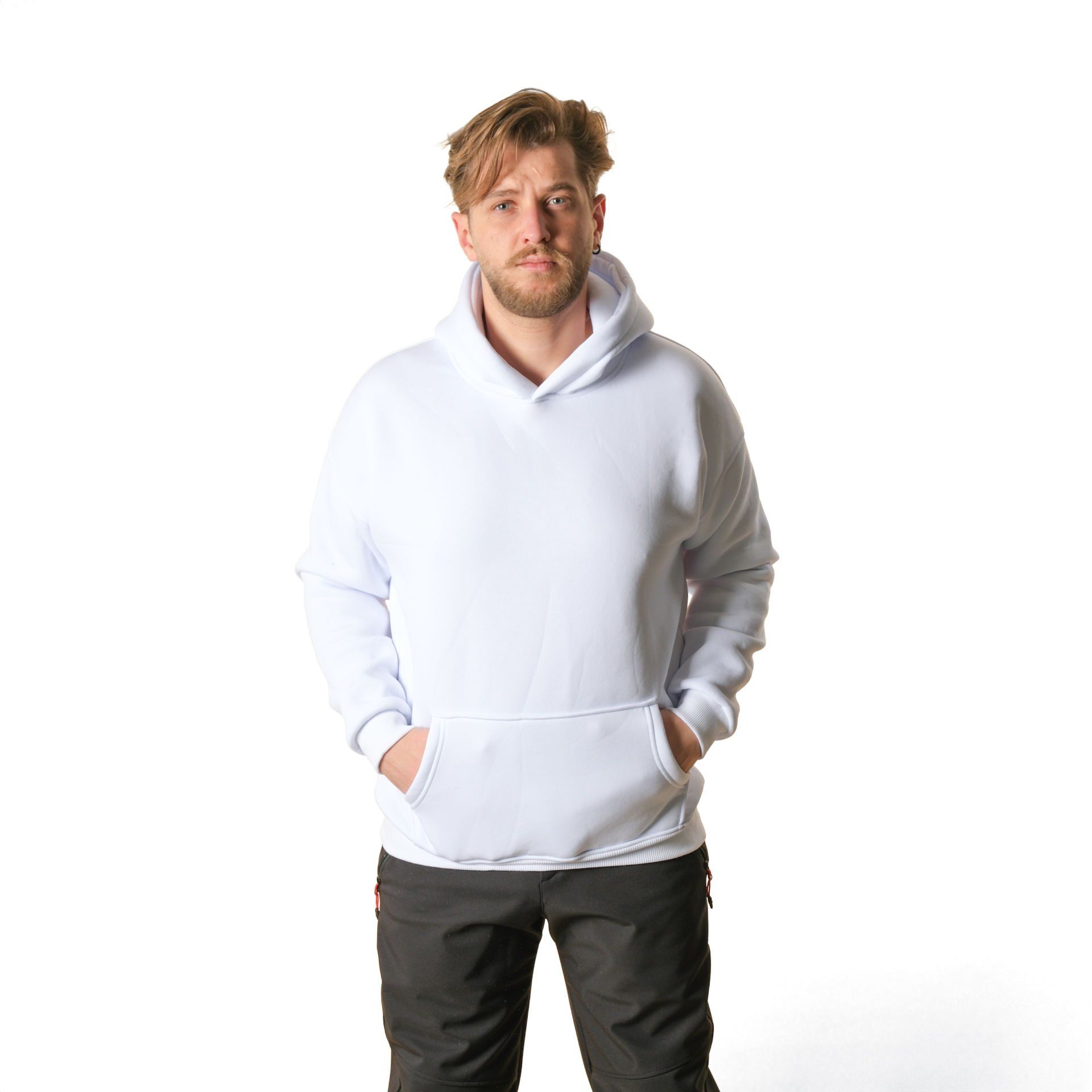 Beyaz Kapşonlu Kanguru Cepli Şardonlu 3 İplik Sweatshirt - Toptan Satış