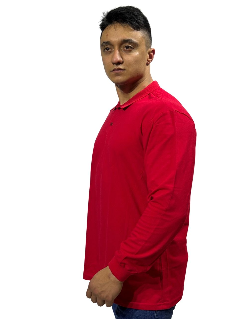 KIRMIZI UZUN KOLLU POLO YAKA T-SHIRT - TOPTAN